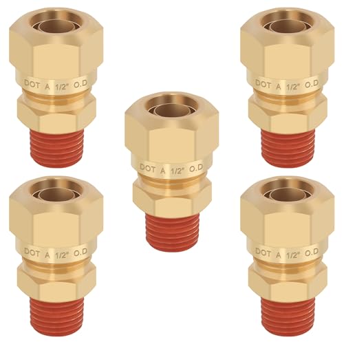 5PCS Air Brake Nylon Tubing Brass Union Fitting, 1/2" Tube OD x 1/4" NPT Thread Air Compression Straight Union Fittings for Nylon Hose with D.O.T Approved - size: 1/2" OD x 1/4" NPT, style: Straight Male NPT Thread-5PCS
