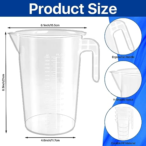 4 Pack 2 Liter Plastic Graduated Measuring and Mixing Pitcher, Aemygo Clear 1/2 Gallon Measuring Cups with Handle, Multipurpose Pouring Cup for Paint, Resin, Epoxy, Kitchen Cooking Baking Ingredients
