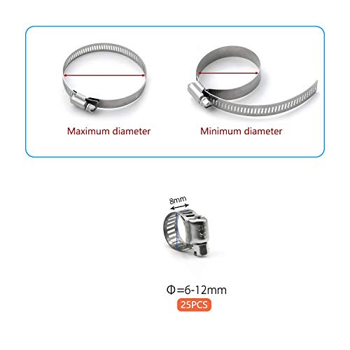 ZIPCCI Hose Clamp, 25 Pack Stainless Steel Worm Gear fuel line hose clamps, 6-12mm (1/4-1/2 inch) - size: 6-12mm