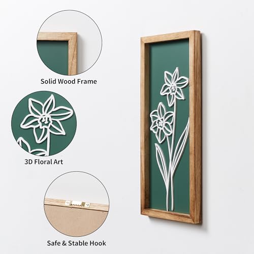 HKBS 3D Wooden Floral Wall Art, Set of 4 Framed Flowers Wall Art Sculptures, Boho Farmhouse Minimalist Decor for Bathroom Bedroom Living Room Kitchen or Office Wall Decorations Housewarming Gifts (Green)