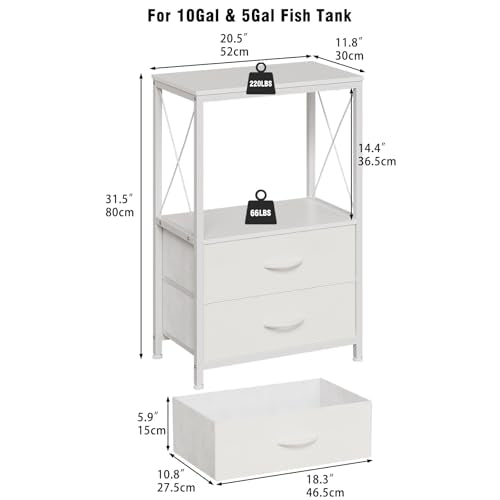 Fish Tank Stand 10 Gallon with 2-Tier Shelf, Aquarium Stand with 2 Drawers, Metal Frame Heavy Duty Reptile/Turtle Tank Stand for Home Office, Fish Tanks Accessories Storage, White - color: White
