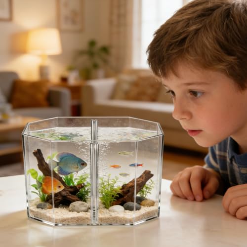 Milisten Octagon Betta Fish Tank, Clear Acrylic Desktop Aquarium with Removable Divider, 2 Compartment Breeding Isolation Box for Small Tropical Guppy Fry