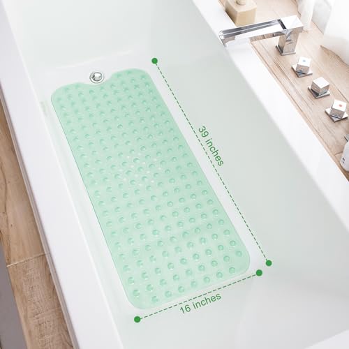 TEESHLY Bathtub Mats for Shower Tub, Extra Long Non-Slip 39 x 16 Inch Bath Mat with Drain Holes and Suction Cups, BathMat for Bathroom with Machine Washable (Clear Green) - color: Clear Green