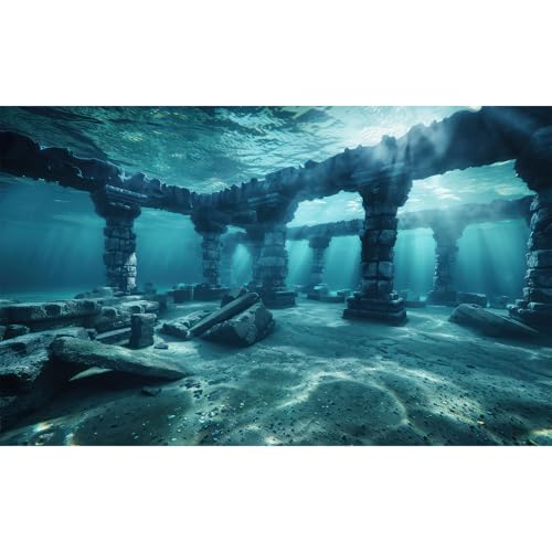 Under The Sea Aquarium Background Deep Sea Ancient Marine Ruins Fish Tank Background Underwater Enigmatic Ocean Submerged Structures Terrarium Backgrounds Sea Waves Reptile Tank Backgrounds 24x12in - color: Blue, size: 24(W)x12(H)in