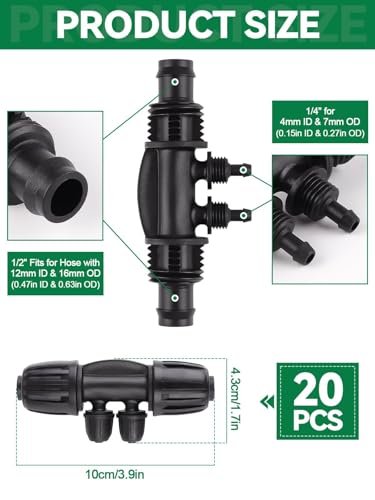 Kalolary 20PCS Locked Barbed Tee Connectors, 1/2" to 1/4" Drip Irrigation Fittings Kit 12/16mm to 4/7mm Tube Lock Female Connector 4-Way Barbed Lock Irrigation Parts for Watering System (Black) - color: Black 1/2" to 1/4" 4-Way