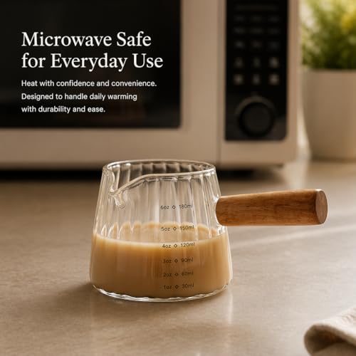 6 oz Espresso Cups - Glass Measuring Cups with Spout - Ribbed Small Creamer Pitcher- Expresso Shots Cup with Wood Handle for Coffee Milk, Dishwasher Safe (Transparent, 2 pack) - color: Transparent, size: 2 pack