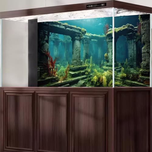 Under The Sea Aquarium Background Sunken Ancient City Ruins Fish Tank Background Lush Aquatic Seagrass Coral Reefs Submerged Structure Terrarium Backgrounds Underwater City Reptile Backgrounds 24x12in - color: Green_Foggy Blue, size: 24(W)x12(H)in