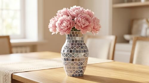 8" Premium Grey Mosaic Vase, High-Gloss Cyan-Blue Fish Scale Glass Flower Vase, Mirror-Effect Modern Art Centerpiece for Coastal Home & Office Decor - color: Blue Grey
