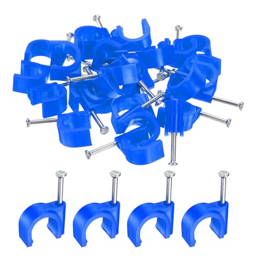 HARFINGTON 50pcs Cable Clips with Nail 16mm Thicken Circular Single Half Clamp J-Hook with Nail Cord Clips for Wires on Wall for Ethernet Tacks Coax Pex Tubing Pipe Support, Blue - color: Blue, size: 16mm