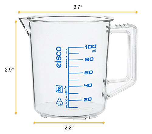 EISCO Measuring Jug, 100ml - TPX Plastic Printed Graduations Chemical Resistant, Autoclavable Short Form Handle with Thumb Grip- Eisco Labs