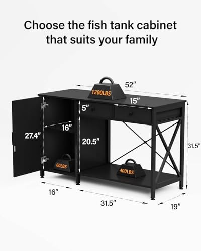 55-75 Gallon Fish Tank Stand, Aquarium Stand with Cabinet Accessories Storage, Metal Frame Turtlr Tank Stand with Power Outlets, 40.55" L*18.89" W Tabletop, Black (Black, 55-75 Gallon)