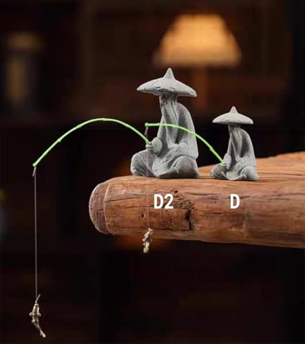 livelyfish Mini Fisherman Statue Asian Zen Decoration Sitting Fishing Figurines Sandstone Vintage Ornament for Aquarium Fish Tank Pot Garden Home Japanese Decor (D2) - color: D2