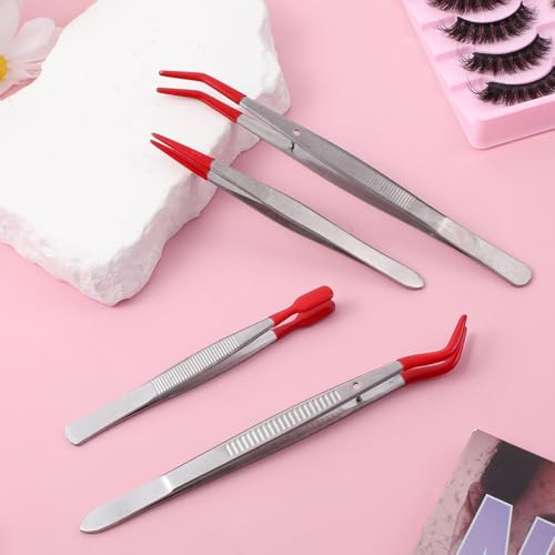 4 Pcs Tweezers with Rubber PVC Coated Set Precision Tweezers Straight Tip Rubber Flat Tip Long Bent Tweezer for Crafting, Jewelry, Electronics, and Lab Work