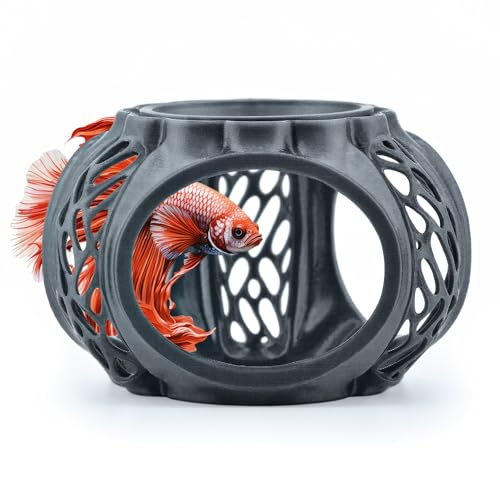 Betta Lair | Swim Through Aquarium Cave & Hideaway – Fish Tank Decoration with Shrimp Feeding Dish for Betta, Shrimp & Small Fish (Anthracite Grey, Regular) - color: Anthracite Grey, size: Regular