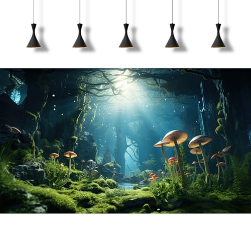 Jungle Rainforest Fish Tank Background Tropical Underwater Cave Aquarium Background Mushrooms Lush Green Moss Terrarium Backgrounds Lake Stream Rock Reptile Tank Backgrounds Wallpaper Poster 30x12in - size: 30(W)x12(H)inches/ 75(W)*30cm(H)