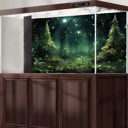 Fantasy Forest Aquarium Background Foggy Mystical Dark Forests Fish Tank Background Scenic Tranquil Stars Enchanted Forest Terrarium Backgrounds Fairy Tale Forests Reptile Tank Backgrounds 24x12in - color: Black_Green, size: 24(W)x12(H)in