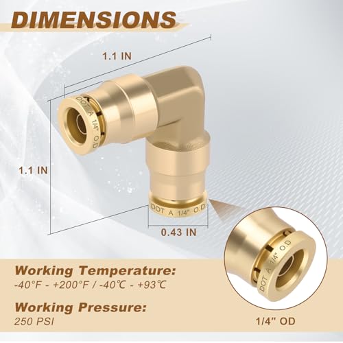 1/4" Quick Push to Connect Fittings Brass 90 Degree Union Swivel Elbow Joint DOT Approved 1/4 inch Tube OD Air Line Adapter Air Suspension Kit for Car Truck Trailers and Air Brake System 5pcs - size: 1/4" OD 5PCS, style: Elbow
