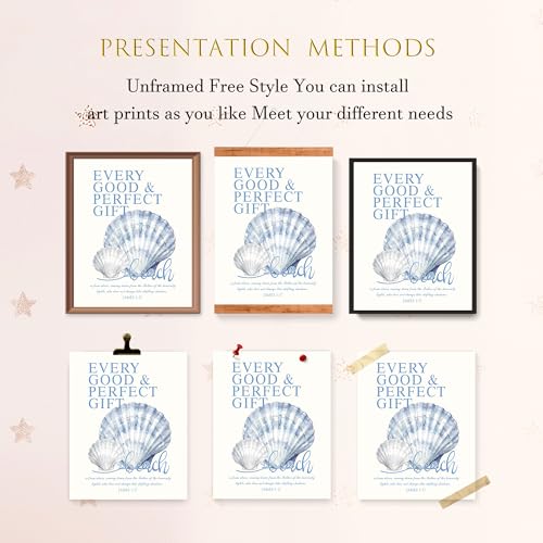 LARTSFRO Beach Ocean Blue Christian Bible Wall Art Decor Posters, Coquette Shells Christian Room Bathroom Bedroom Dorm Wall Art Decor Aesthetic for College Teen Girls Gifts, Inspirational Bible Verses Wall Decor, 10x8 Inch Set of 4 Pcs Summer Beach Pictur