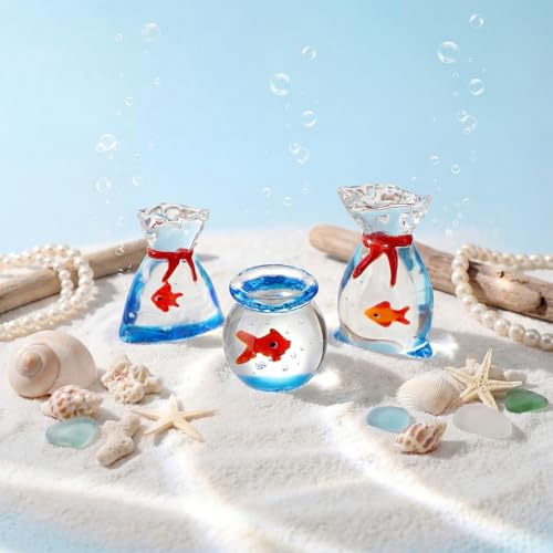 Novabright 3 Pcs Miniature Glass Fish Tank Figurine Tiny Goldfish in a Bag Mini Decorative Aquarium Ornament for Dollhouse Miniature DIY Seaworld Ocean Lover Gift (Goldfish) - color: Goldfish