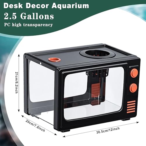2.5 Gallon Fish Tank Kit with LED Lights, Filter & Plant Planter - Retro TV Decorative Fish Tank for Office Desk Home Decor,Mini Aquarium Starter Kit for Betta Fish (Black - 2.5 Gallon) - color: Black - 2.5 gallon