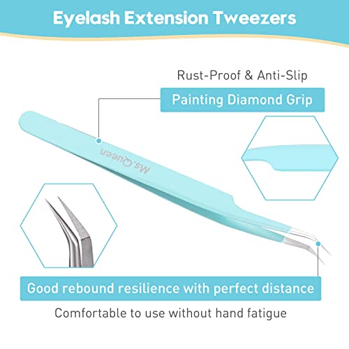 Ms.Queen Eyelash Extensions Tweezers,Professional Fiber Tip 45 Degree Lashing Tweezers for Volume Lash Extensions, Blue - style: 45 Degree Tweezers