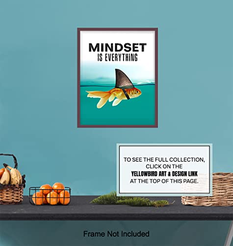 Mindset is Everything - Motivational Wall Art Poster for Home, Office - Gift for Entrepreneur, Student, Men, Teens - Inspirational Decor - Uplifting Self-Improvement Positive Quote - Shark Goldfish - size: 8"L x 10"W, style: Unframed