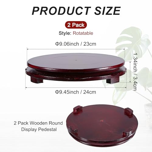 M METERXITY 2 Pack Display Stand, Brown Wooden Stands for Display, Stable Round Base Stand Decor for Fishbowl Planter [Rotation, 9.06'' x 1.57''] - size: 9.06'' Top Diameter