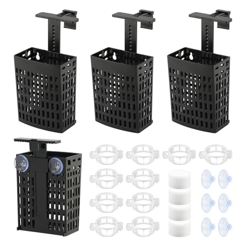 4 Pack Adjustable Aquarium Plant Holders, Hanging Hydroponic Baskets for Fish Tank, Height-Adjustable Extendable Hook, Include Plant Clips & Grow Sponges