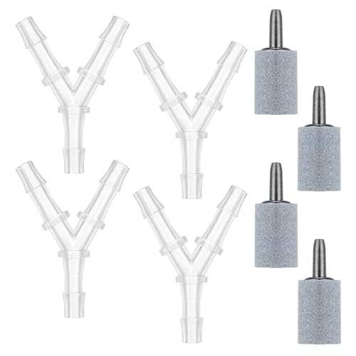 Aquarium Air Valve and Air Stones, Aquarium Airs Pump Connectors, 8 PCS Y-Shaped Plastic Tee Hose Pipe Splitters with Bubble Diffusers for Fish Tank Oxygenation