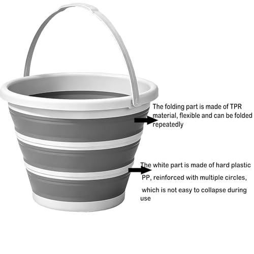 Collapsible Bucket with Handle 10L (2.6Gal), BPA Free Foldable Round Plastic Water Bucket, Portable Space Saving Tub for Car Washing Gardening Camping Fishing Home Cleaning (Grey, 10L) - color: Gray, size: 10L
