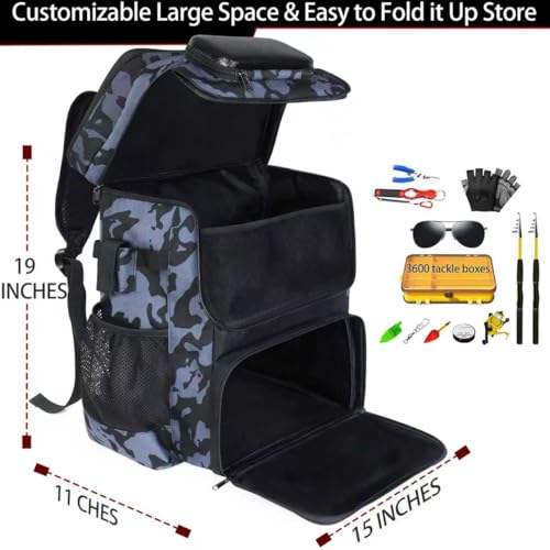 Fishing Backpack with Rod Holder, Large 50L Tackle Bag Water Resistant Tackle Backpack Heavy Duty Fishing Bag Gift for Men Woman - color: Blue Camo without Tackle Boxes or Fishing Tools
