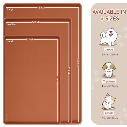 MateeyLife Silicone Cat & Dog Food Mat for Floors Waterproof, Anti-Slip Dog Bowl Mats for Food and Water, Pet Feeding Mats with Lip to Prevent Spills, Pet Placemat for Messy Drinkers to Protect Floors - color: Brown, size: 22''×14''