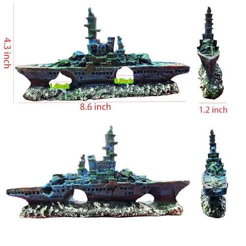 Aquarium Accessories - Resin Sunken Warship Ornament Set, Fish Castle | Betta Fish Hideout Cave, 10 Artificial Aquatic Plants, 30-40 Seashells, 1 Floating Diver, Fish Tank Shipwreck Accessories - color: Warship