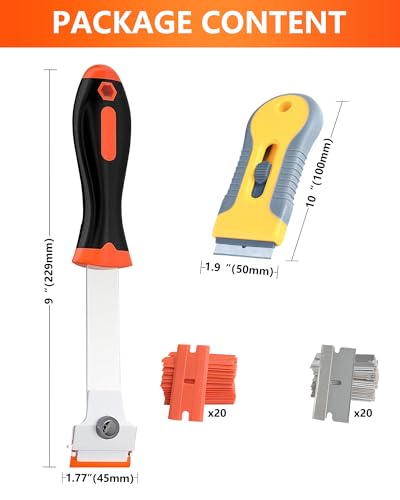 2 Pack Razor Blade Scraper with 20 Plastic and 20 Metal Blades for Removing Paint, Grease from Windshield, Registration Sticker, Glass Top Stove Cooktop Scraper - color: Orange-yellow