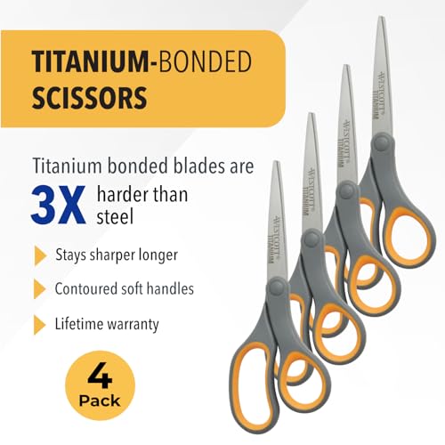 Westcott 8-Inch Titanium Bonded Straight Scissors, Soft Handle, Gray/Yellow, 4-Pack