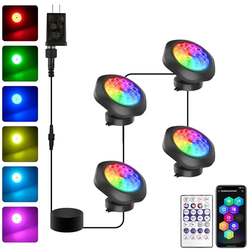 T-SUN Colored Pond Lights with APP and Remote Control – Bright LED Underwater Submersible Fountain Lights, IP68 Waterproof Landscape Spotlight for Garden Koi Pond Aquarium Fish Tank (Set of 4) - size: Set of 4