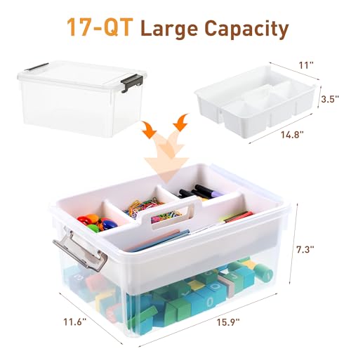 Citylife 17 QT Plastic Storage Bins Clear Storage Box with Removable Tray Stackable Latching Box with Handle for Organizing Tool, Craft, Office, Bead - size: 17 Qt- 1 Pack-H