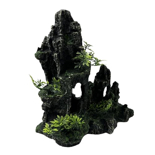 Large and Tall Fish Tank Decorations Aquarium Mountain View Stone Decorations Resin Rock Aquascaping with Hiding Cave, Fish Tank Accessories Aquarium Ornaments with Small Plants (E) - color: E