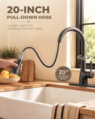 WEWE Vintage Kitchen Faucet with Pull Down Sprayer, Stainless Steel 1 or 3 Hole High Arc Single Handle Antique Sink Faucet for Classic Modern Ktichen, Matte Black Bar & Prep Sinks - color: Matte Black, style: Vintage