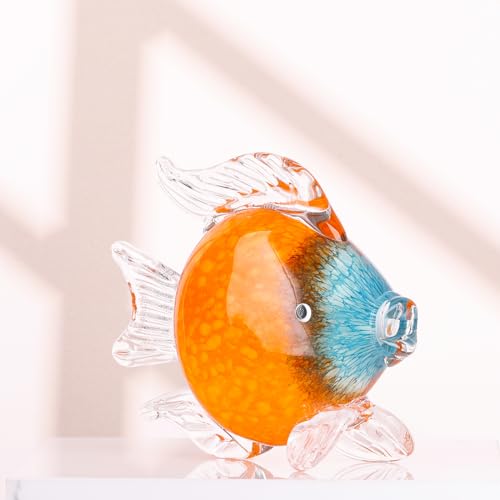 LCCCK Large Glass Fish Figurines Hand Blown Glass Fish Statue and Sculpture Home Decor, Murano Animal Tropical Sea Glass Paperweights for Desk, Glass Aquarium Coastal Beach Decorative (Orange) - color: Orange
