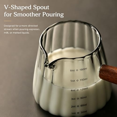 6 oz Espresso Cups - Glass Measuring Cups with Spout - Ribbed Small Creamer Pitcher- Expresso Shots Cup with Wood Handle for Coffee Milk, Dishwasher Safe (Grey, 1 pack) - color: Gray, size: 1 pack