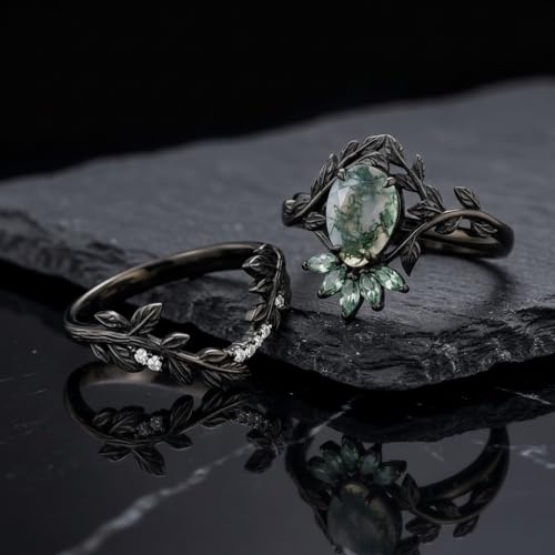 Natural Moss Agate Engagement Ring Set for Women, Unique Genuine Moss Agate Ring, 925 Sterling Silver 10K 14K 18K Solid Gold Nature Inspired Bridal Set, Boho Wedding Jewelry Gift - color: Two