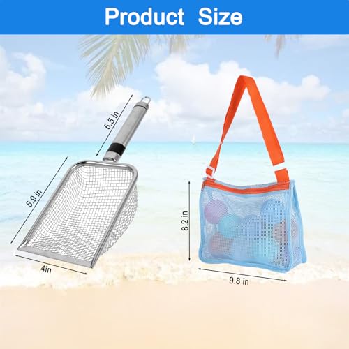 Beach Mesh Shovel & Sifter with Bag - Stainless Steel Sand Filter Scooper for Shark Tooth, Shell & Fossil Hunting, Beachcombing Tool with Mesh Collection Bag