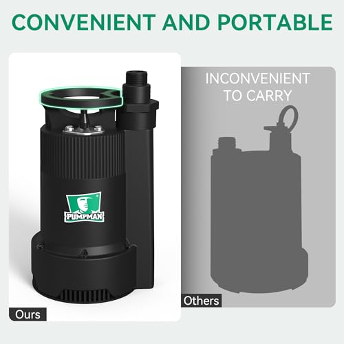 PUMPMAN 1/6HP Utility Pump, 1850 GPH Submersible Water Pump with Handle, Thermoplastic Portable Well Pump IPX8 Waterproof for Pools, Basements, Car Washing, Garden - style: 1/6HP 1850GPH