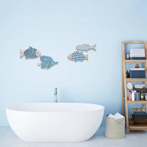 Aikgidtt 4 Pieces Wooden Fish Wall Decor Set, 12 Inch Coastal Wall Art for Bathroom, Beach House, Family Rooms - with Hooks & Adhesive Pads (Blue)