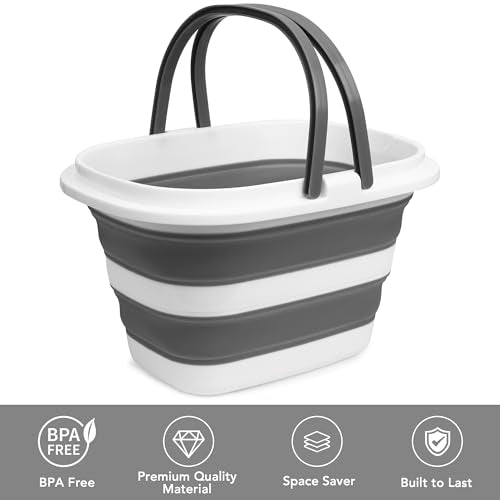 Large Collapsible Mop Bucket, 16L(4.2 Gallon) Plastic Bucket for House Cleaning, Car Washing, Silicone Cleaning Supplier Organizer, Portable Basket with Handle for Laundry Storage, RV Camping, Fishing - color: Gray