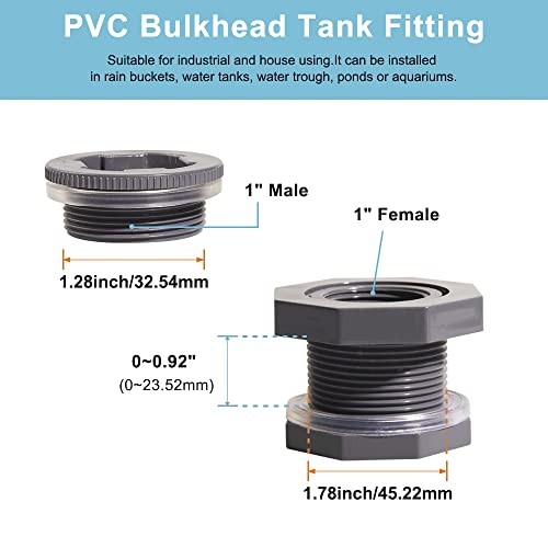 1 Inch PVC Bulkhead Water Tank Connector Adapter Fitting with Plugs Thru-Bulk Pipe Fitting for Rain Barrels, Aquariums, Ponds(Set of 3) - size: 1"-3pcs