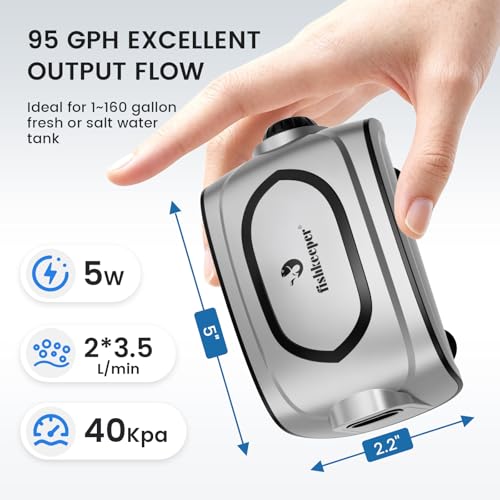 fishkeeper Quiet 3W/5W Aquarium Air Pump - Small & Powerful Dual Outlet Fish Tank Air Pump, Adjustable Oxygen Aerator Pump with Air Stone Bubbler Kits for 1-160Gal Fish Tanks (Silver-Gray, 2026 New) - color: Silver Gray, size: 5W for 1-160 Gallon