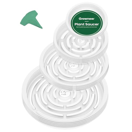 GROWNEER 24 Pack of 6, 8, 10, 12 Inches Clear Plant Saucers Flower Pot Trays, with 15 Pcs Plant Labels, Plastic Plant Drip Trays for Indoor Outdoor Plants Garden, Assorted 4 Sizes, 6pcs of Each Size - size: 6,8,10,12 Inch, 24-Pack