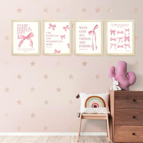 LARTSFRO Coquette Pink Bow Wall Art Decor Posters, Pink Bow Room Bedroom Bathroom Dorm Wall Art Decor Aesthetic for College Teen Girls Gifts, Inspirational Bible Verses Bow Wall Decor, 10x8 Inch Set of 4 Pcs Bow Pictures (WOOD-GRAIN FRAMED) - color: Wood